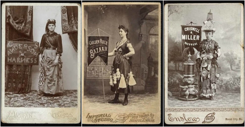 Бублики, фонарики и кухонная утварь — украшение женщин-баннеров на открытках XIX века (Фото)