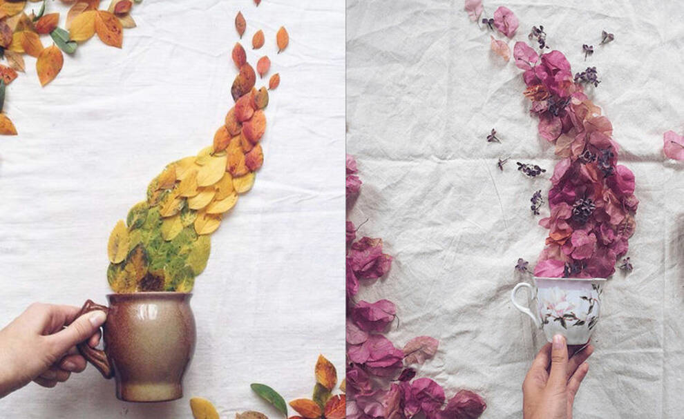 Magia picia herbaty: fotograf łączy w swoich pracach płatki kwiatów z poranną filiżanką herbaty (Zdjęcie)