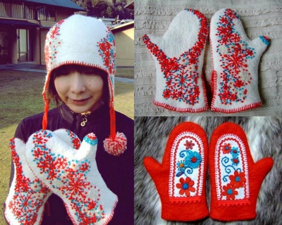 A talented Japanese woman creates berets and mittens with embroidery using the felting technique (Photo)