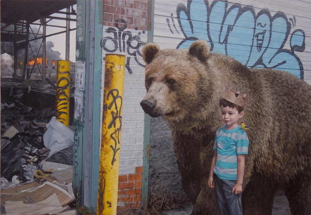 Children and animals among the ruins of the city in the works of Kevin Peterson