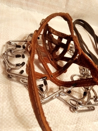 Prong collar leather muzzle + bonus leash Строгий ошейник кожаный намордник +бонус поводок