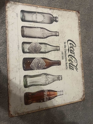 Металлическая табличка с изображением эволюции бутылки Coca-Cola. Современная табличка, сделанная под винтаж.
