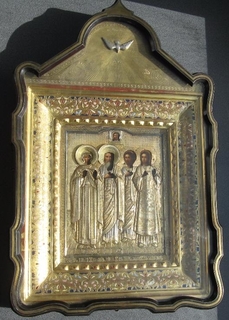 Серебряная икона с четырьмя святыми + киот. 84 проба. 40х58 см.