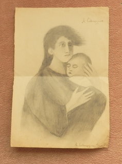 Портрет женщины с младенцем. Рисунок карандашом.