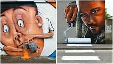 Street art artist paints street walls with fantasy images